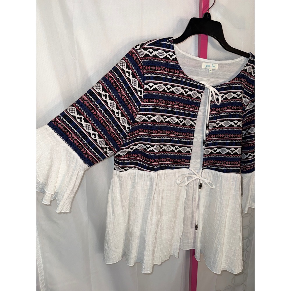 Grace and Lace Boho Tribal Print Bell Sleeve Kimono Cardigan Top XL - Picture 2 of 6